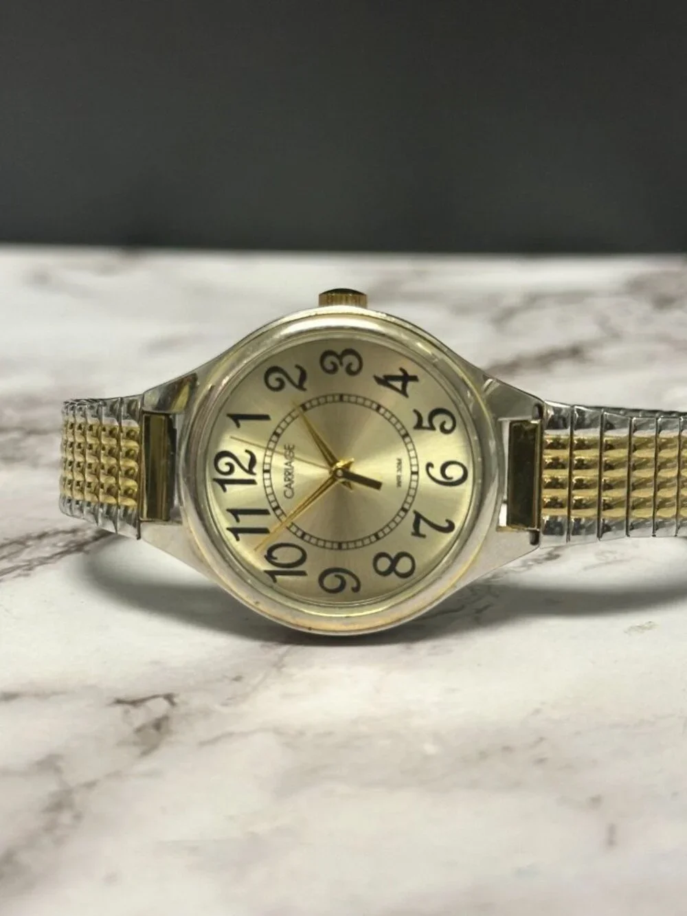 3/$30 Carriage Watch Women Silver Gold Two Tone Stretch Band Easy To Read